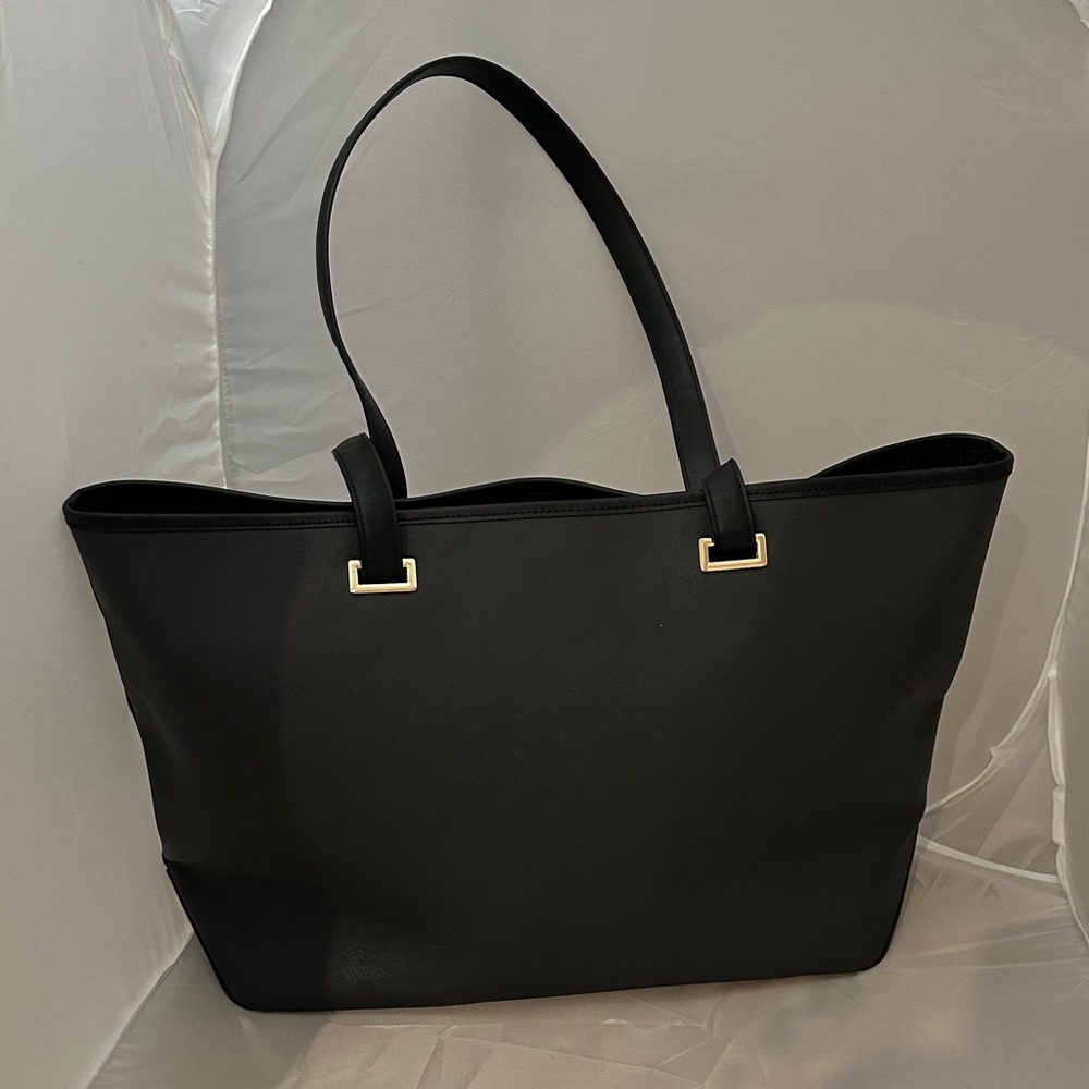 Lo & Sons Seville Tote Gray Leather + Black Shell Gold Hardware Work Laptop Bag